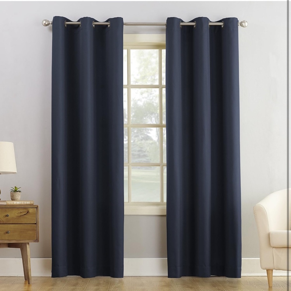 Navy Blue Grommet Curtains with Textured Weave